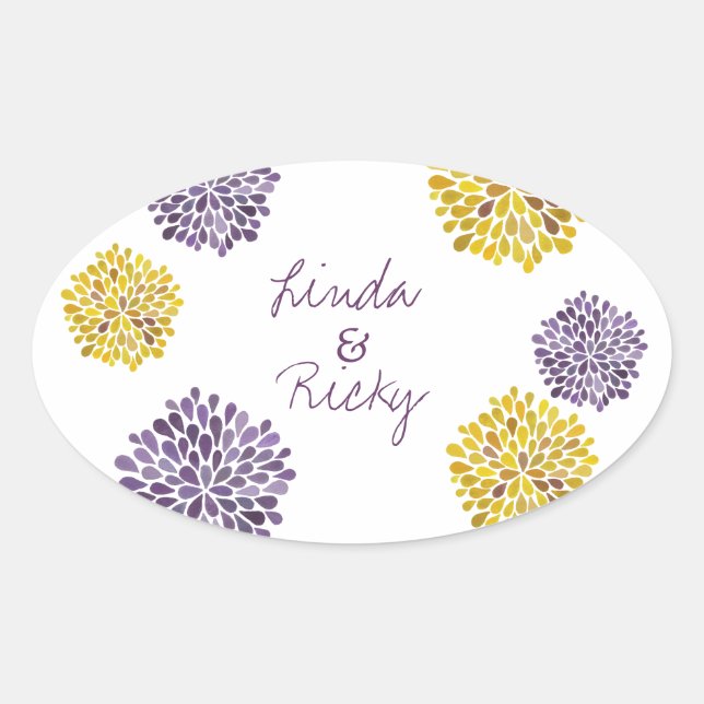 Purple & Yellow Bloom Bursts Wedding Sticker Seal (Front)