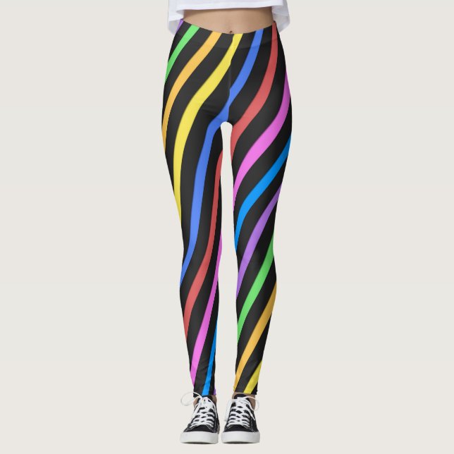 Purple Yellow Blue Black trippy stripes Leggings (Front)