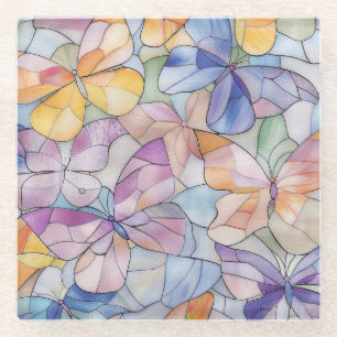 Purple Yellow Blue Butterflies Glass Coaster