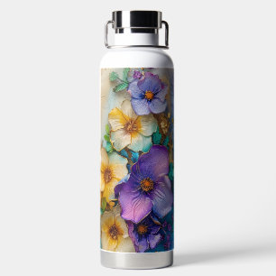 PURPLE YELLOW BLUE WATERCOLOR PANSY FLOWERS WATER BOTTLE