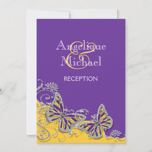 Purple yellow butterfly wedding engagement invitation (Front)