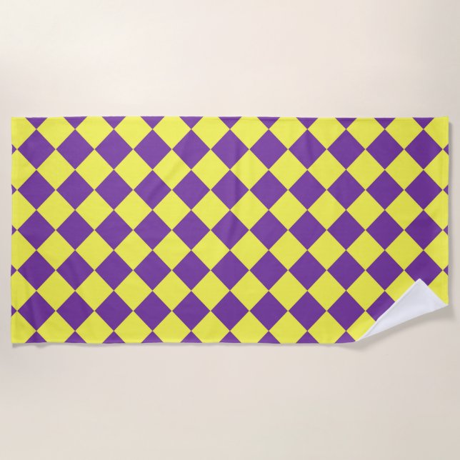 Purple Yellow Chequered Diamond Pattern  Beach Towel (Front)