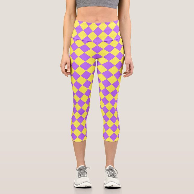 Purple Yellow Chequered Diamond Pattern  Capri Leggings (Front)