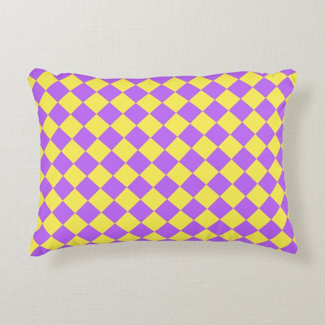 Purple Yellow Chequered Diamond Pattern  Decorative Cushion (Front)