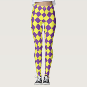 Purple Yellow Chequered Diamond Pattern Leggings