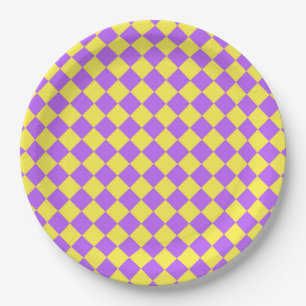 Purple Yellow Chequered Diamond Pattern Paper Plate