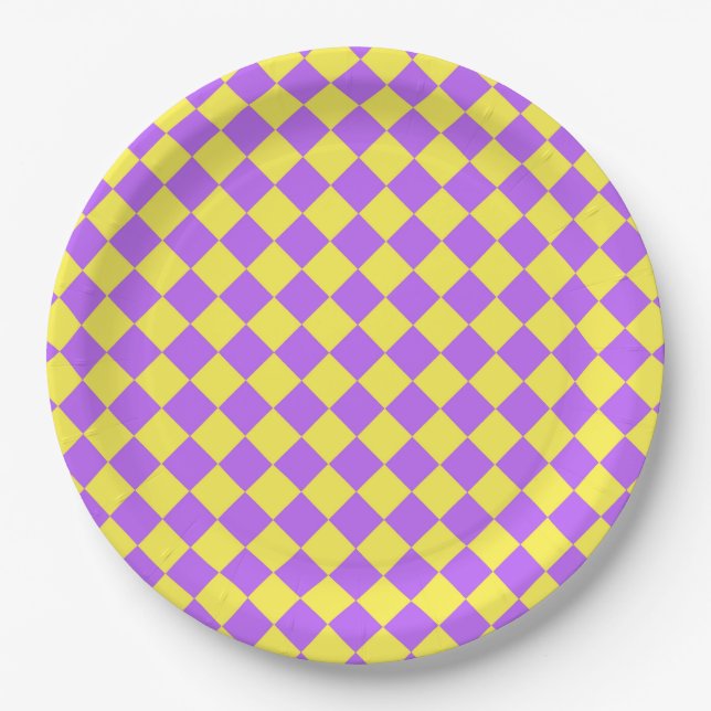 Purple Yellow Chequered Diamond Pattern Paper Plate (Front)