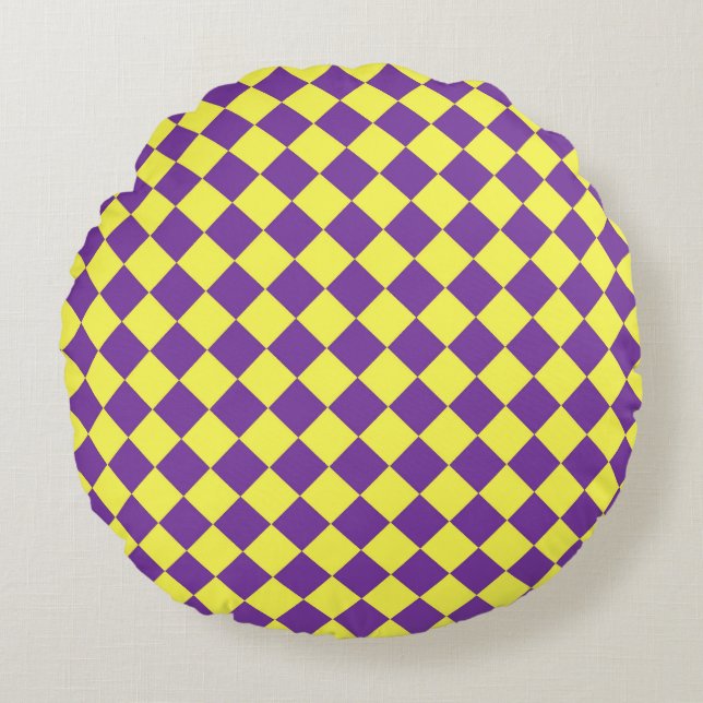 Purple Yellow Chequered Diamond Pattern  Round Cushion (Front)