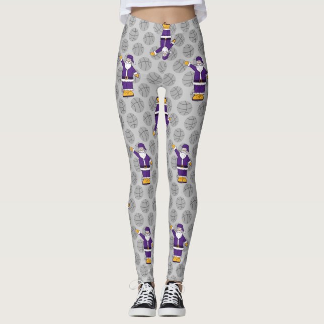purple yellow christmas basketball santa claus leg leggings (Front)