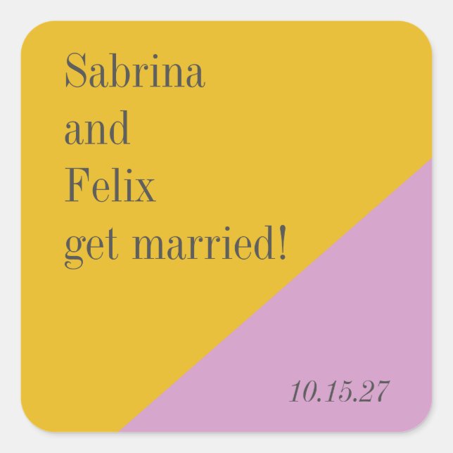 Purple Yellow Colour Block Modern Custom Wedding Square Sticker (Front)