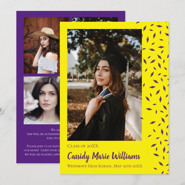 Purple Yellow Confetti Graduation Announcement (Front/Back)