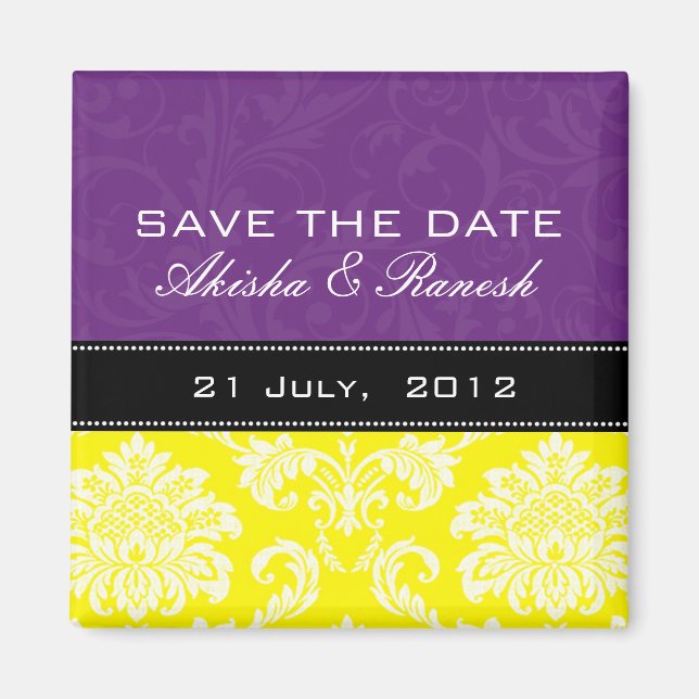 Purple Yellow Damask Save the Date Magnet (Front)