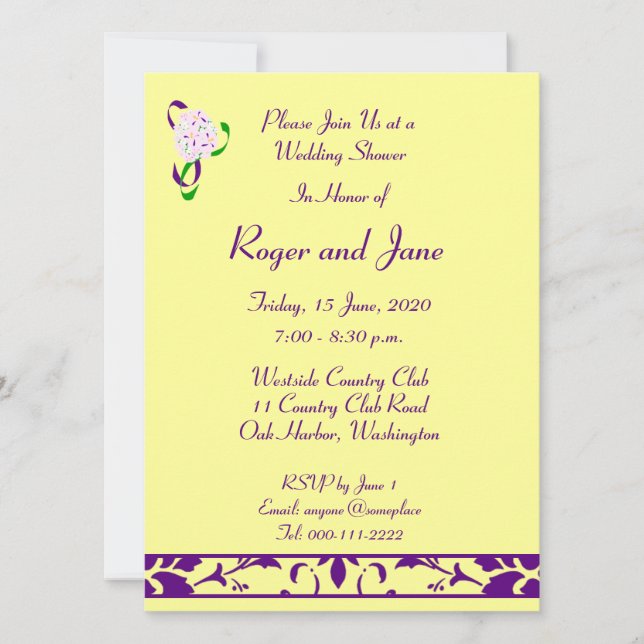 Purple, Yellow, Damask Wedding Shower Invitation (Front)