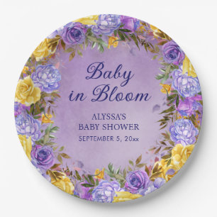Purple Yellow Floral Baby in Bloom Shower Paper Plate