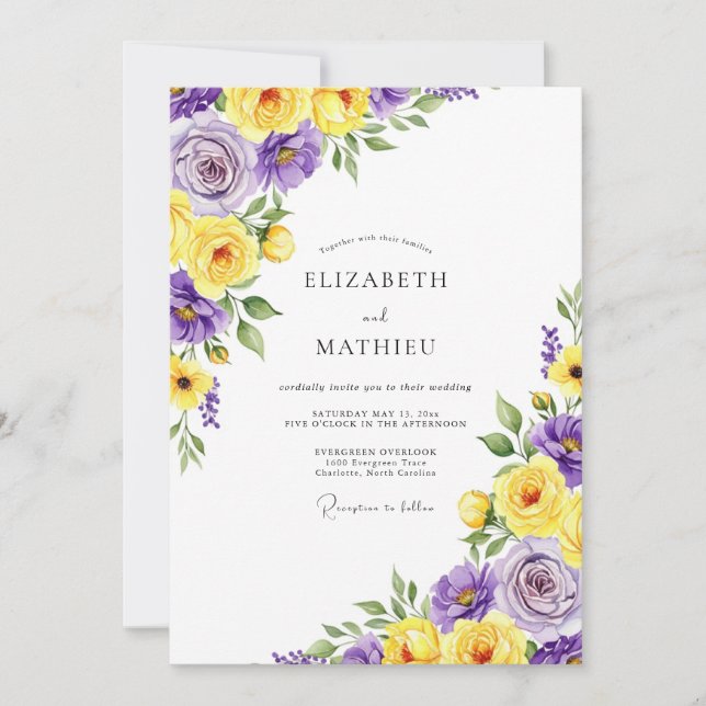 Purple Yellow Floral Bloom Wedding Invitation (Front)