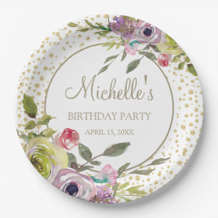 Purple Yellow Floral Gold Glitter Birthday Party Paper Plate
