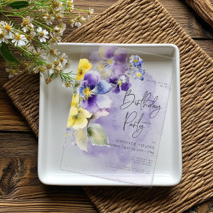 Purple & Yellow Floral Modern Birthday Acrylic Invitations