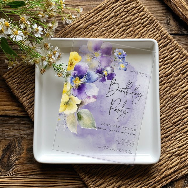 Purple & Yellow Floral Modern Birthday Acrylic Invitations (Purple & Yellow Floral Modern Birthday Acrylic Invitations)