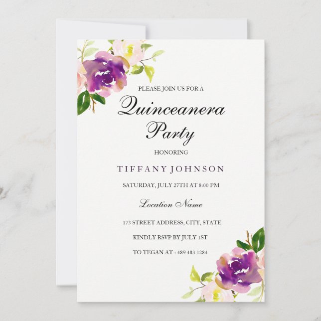 Purple Yellow Floral Quinceanera Party Invitation (Front)