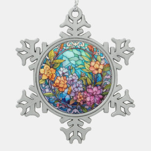 Purple & Yellow Floral Stained-Glass Look Snowflake Pewter Christmas Ornament