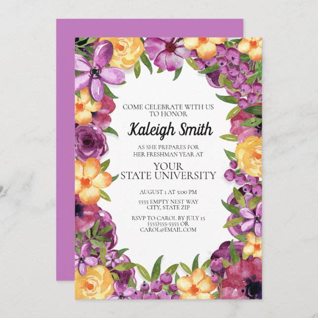 Purple Yellow Floral White CollegeTrunk Party Invitation (Front/Back)