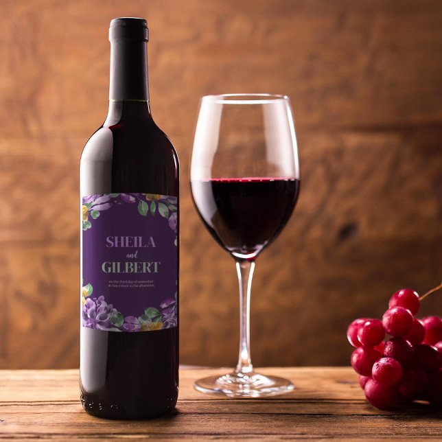 Purple Yellow Flowers Wedding Theme Wine Label (Creator Uploaded)