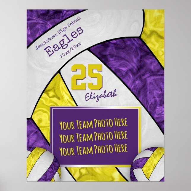 purple yellow girls' volleyball team photo poster (Front)