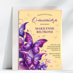 Purple Yellow Gold Butterfly Quinceañera Invitation