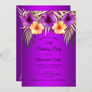 Purple Yellow Gold Palms Hibiscus Birthday Party Invitation