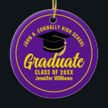 Purple Yellow Graduate Custom Graduation Christmas Ceramic Ornament<br><div class="desc">This modern purple and yellow custom senior graduate Christmas ornament features your high school or college name for the class of 2025. Customise with your graduating year under the chic handwritten script and black grad cap for a great personalised graduation gift.</div>
