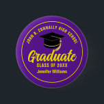 Purple Yellow Graduate Custom Graduation Name Tag 6 Cm Round Badge<br><div class="desc">This modern purple and yellow custom senior graduate button features classy white typography of your high school or college name for the class of 2025. Customise with your graduating year under the chic black handwritten script and black grad cap for a great personalised graduation name tag for a party or...</div>