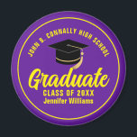 Purple Yellow Graduate Custom Graduation Party Magnet<br><div class="desc">This modern purple and yellow custom senior graduate magnet features your high school or college name for the class of 2025. Customise with your graduating year under the chic handwritten script and black grad cap for a great personalised graduation party keepsake gift.</div>