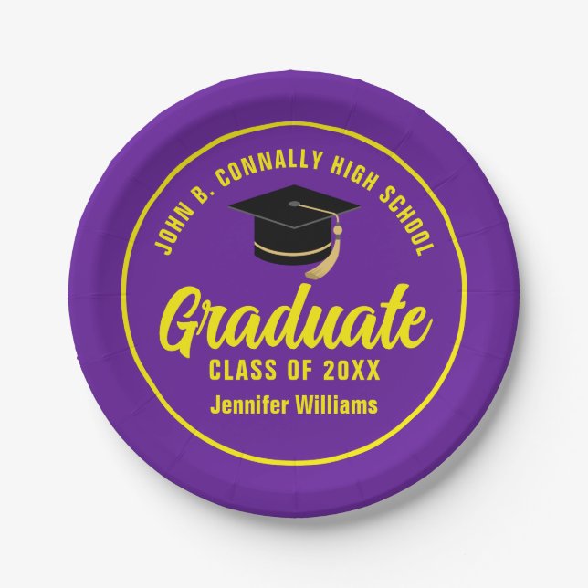 Purple Yellow Graduate Custom Graduation Party Paper Plate (Front)