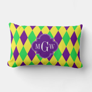 Purple Yellow Green Harlequin Purp Quat 3 Monogram Lumbar Cushion
