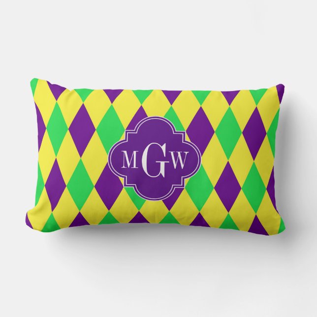 Purple Yellow Green Harlequin Purp Quat 3 Monogram Lumbar Cushion (Front)