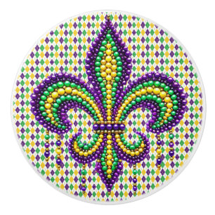 Purple yellow green Mardi Gras fleur de lis Ceramic Knob