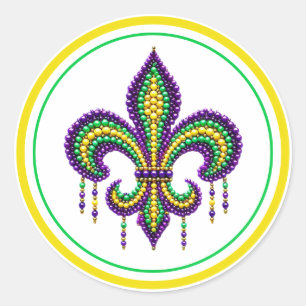 Purple yellow green Mardi Gras fleur de lis Classic Round Sticker