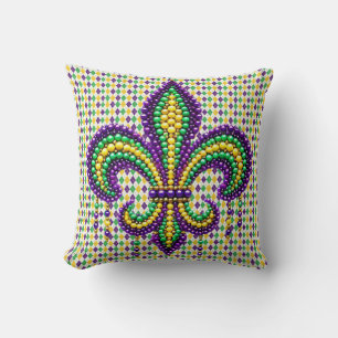 Purple yellow green Mardi Gras fleur de lis Cushion