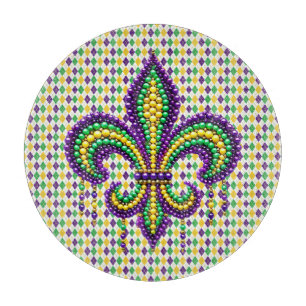Purple yellow green Mardi Gras fleur de lis Cutting Board