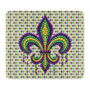 Purple yellow green Mardi Gras fleur de lis Cutting Board