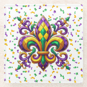 Purple yellow green Mardi Gras fleur de lis Glass Coaster