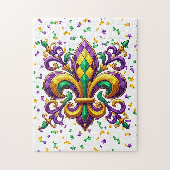 Purple yellow green Mardi Gras fleur de lis Jigsaw Puzzle (Vertical)