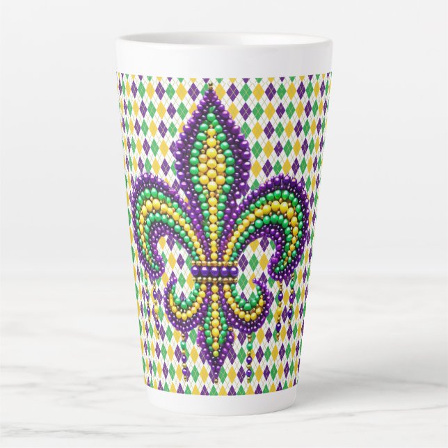 Purple yellow green Mardi Gras fleur de lis Latte Mug (Front)