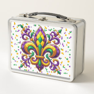 Purple yellow green Mardi Gras fleur de lis Metal Lunch Box