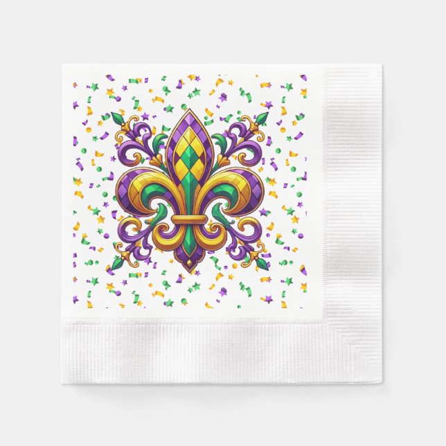 Purple yellow green Mardi Gras fleur de lis Napkin (Front)
