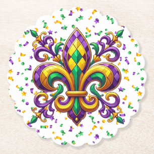 Purple yellow green Mardi Gras fleur de lis Paper Coaster