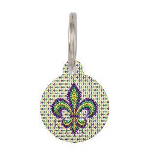Purple yellow green Mardi Gras fleur de lis Pet Tag