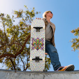 Purple yellow green Mardi Gras fleur de lis Skateboard