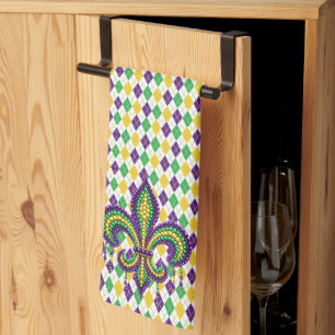 Purple yellow green Mardi Gras fleur de lis Tea Towel
