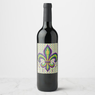Purple yellow green Mardi Gras fleur de lis Wine Label